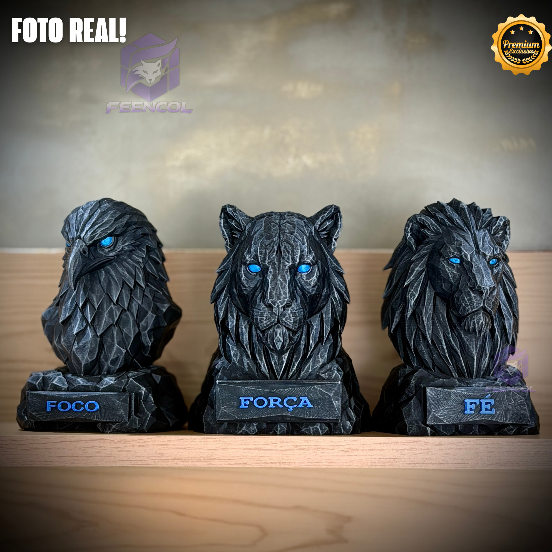 Os Bustos da Fé ORIGINAL Premium Decorativos KIT 3 BUSTOS COMPLETO Aguia Foco, Tigre Força, Leão Fé de Luxo pintados a mão, Pronta entrega