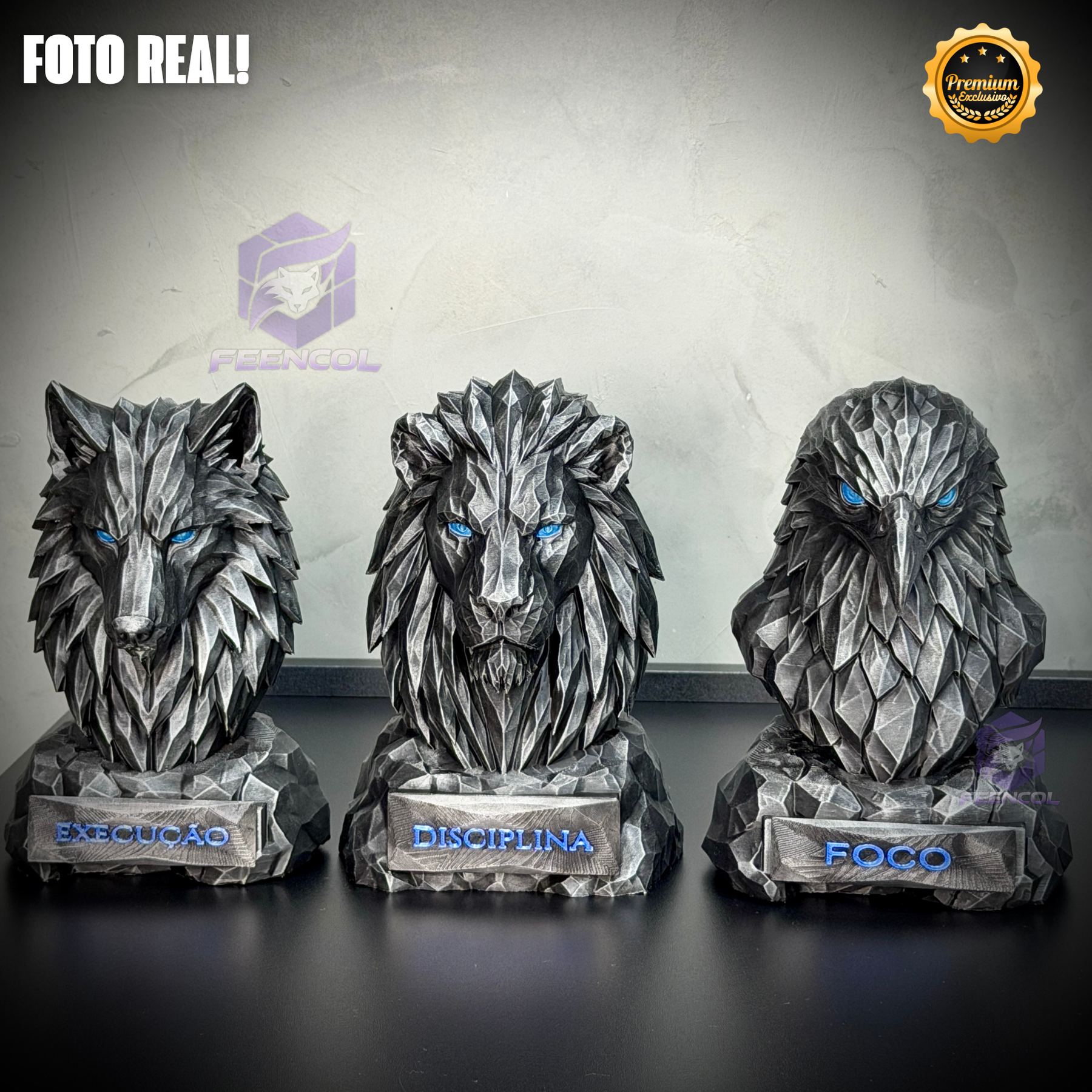 Os bustos do Poder ORIGINAL Premium Decorativos KIT 3 BUSTOS COMPLETO  Leão Disciplina, Lobo Execução, Aguia Foco, de Luxo pintados a mão, Pronta entrega