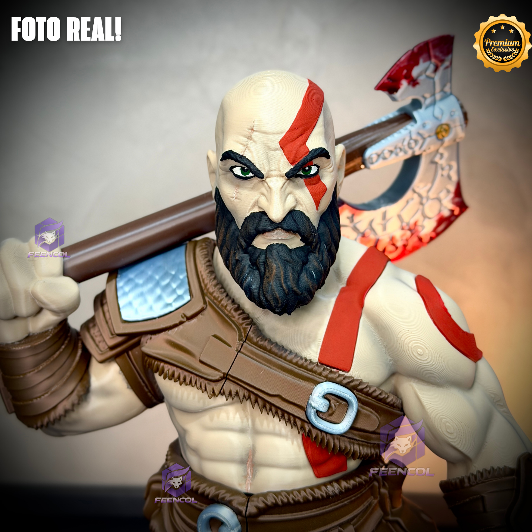 The God of War Kratos ( Figure decorativa Kratos ) GRANDE EXCLUSIVO Estilo Cartoon Pintado a mão Premium de Luxo a mão, Pronta entrega