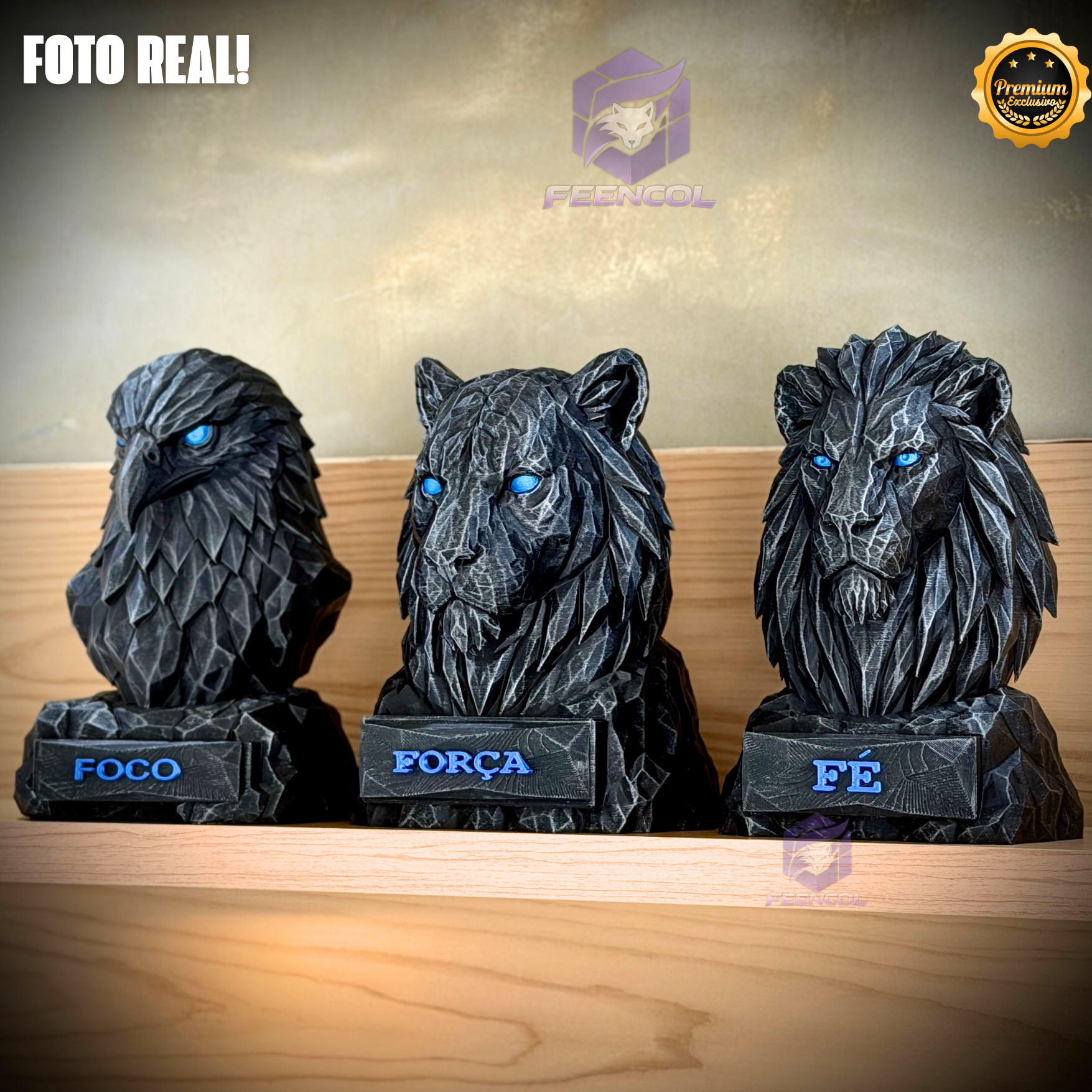 Os Bustos da Fé ORIGINAL Premium Decorativos KIT 3 BUSTOS COMPLETO Aguia Foco, Tigre Força, Leão Fé de Luxo pintados a mão, Pronta entrega