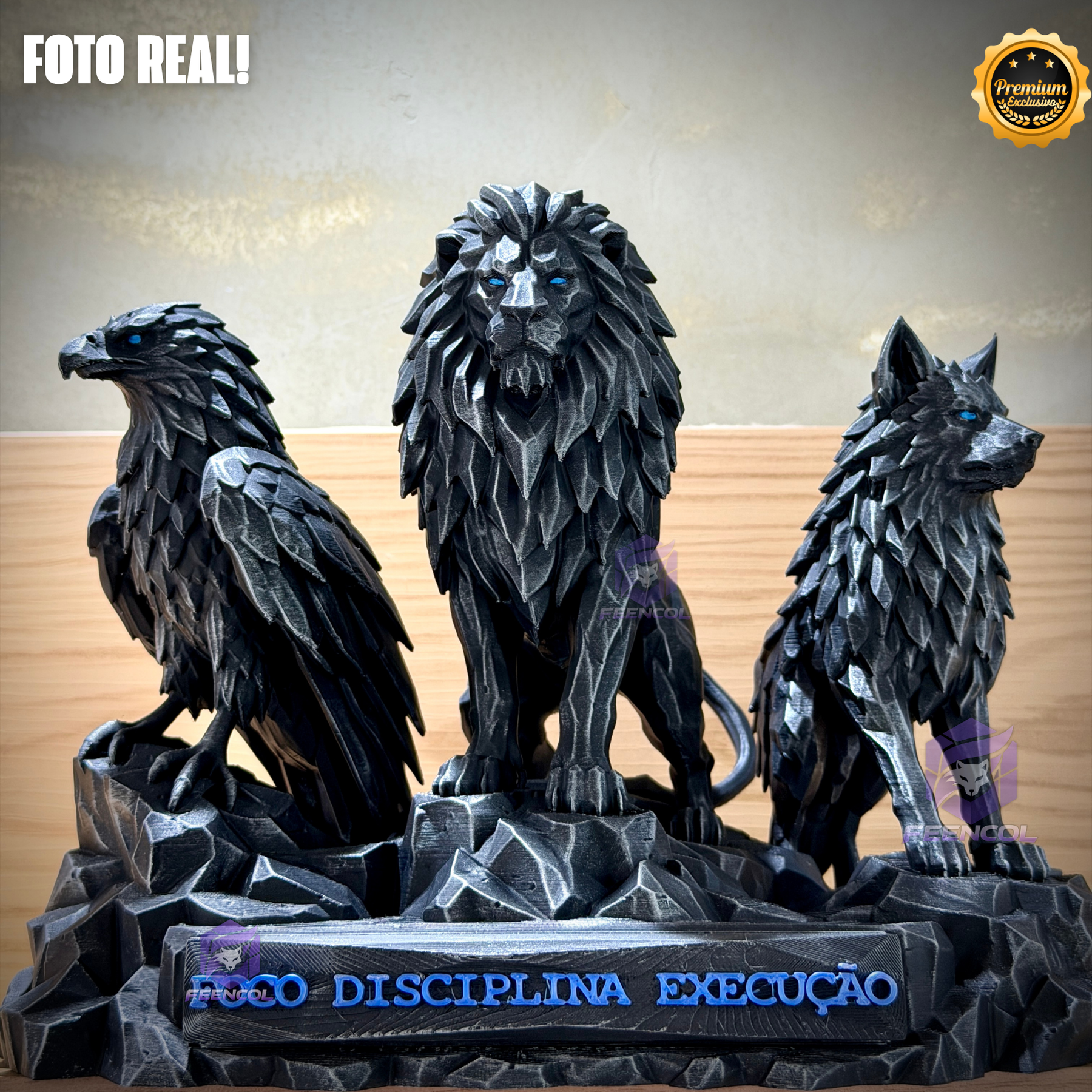 Os Guardiões do Poder ORIGINAL ® Premium Decorativos KIT 3 TOTENS CORPO COMPLETO  Leão Disciplina, Lobo Execução, Aguia Foco, de Luxo pintados a mão, Pronta entrega