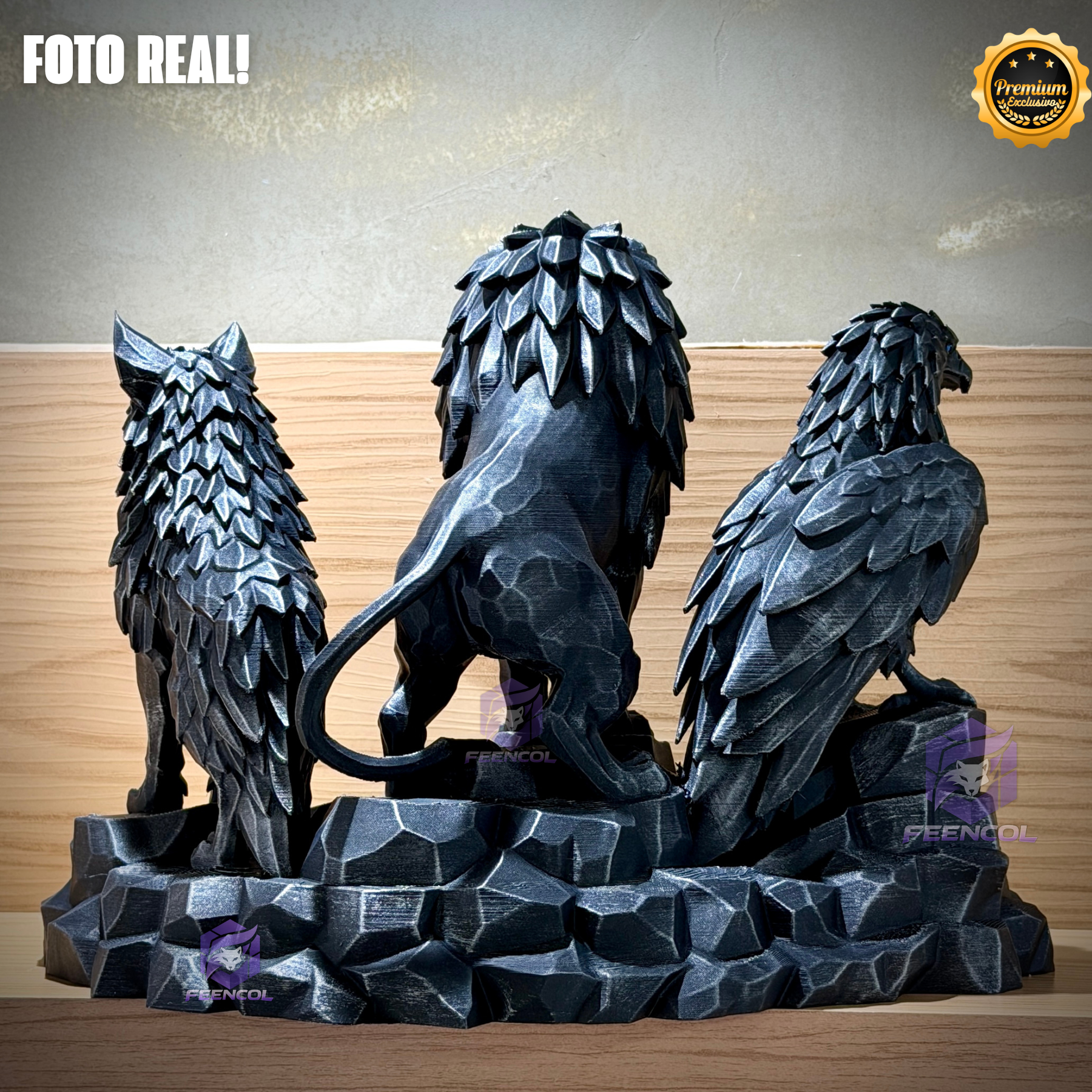 Os Guardiões do Poder ORIGINAL ® Premium Decorativos KIT 3 TOTENS CORPO COMPLETO  Leão Disciplina, Lobo Execução, Aguia Foco, de Luxo pintados a mão, Pronta entrega